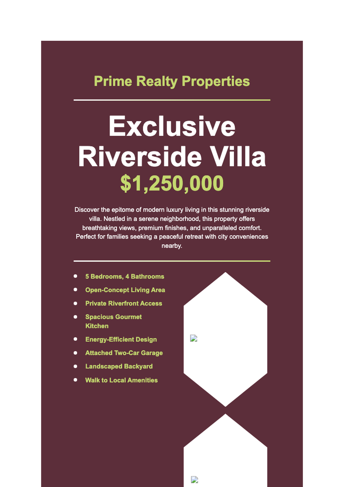 Real estate house for sale flyer with hexagonal photo layout and maroon green design_variant_1